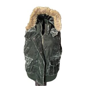 Y2K Old Navy Women's L Green Velvet Puffer Vest Faux Fur Hood Zip Snap Pockets